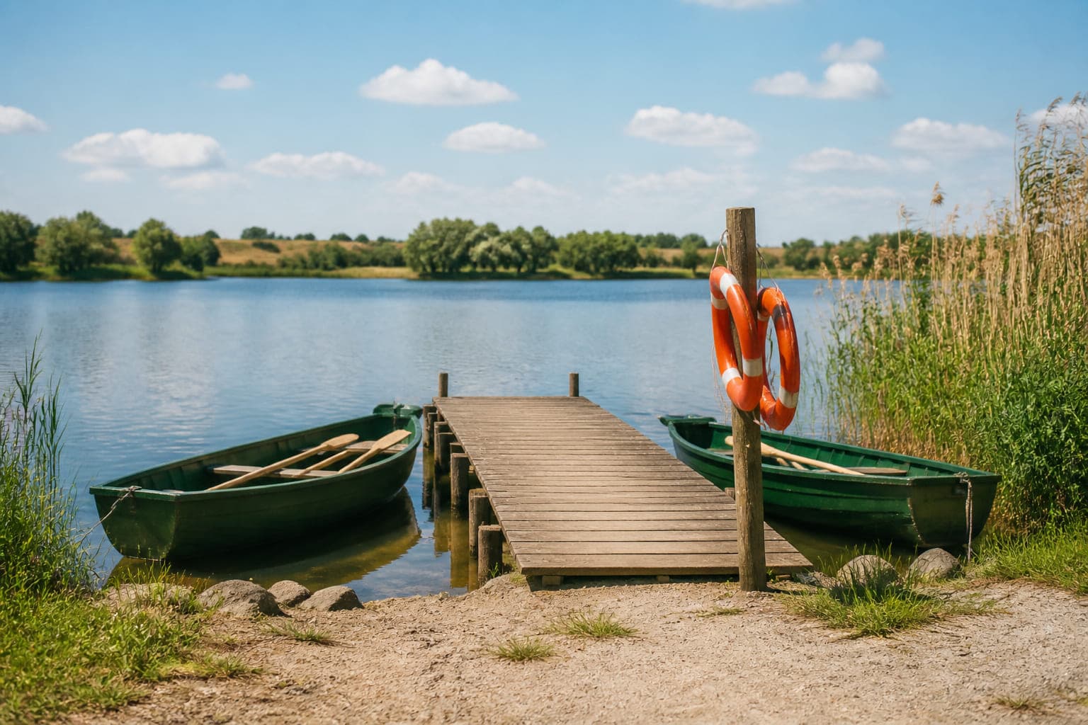Hölzerner Steg, der in den See führt, mit zwei grünen Ruderbooten längsseits und Rettungsringen an einem Pfosten.
