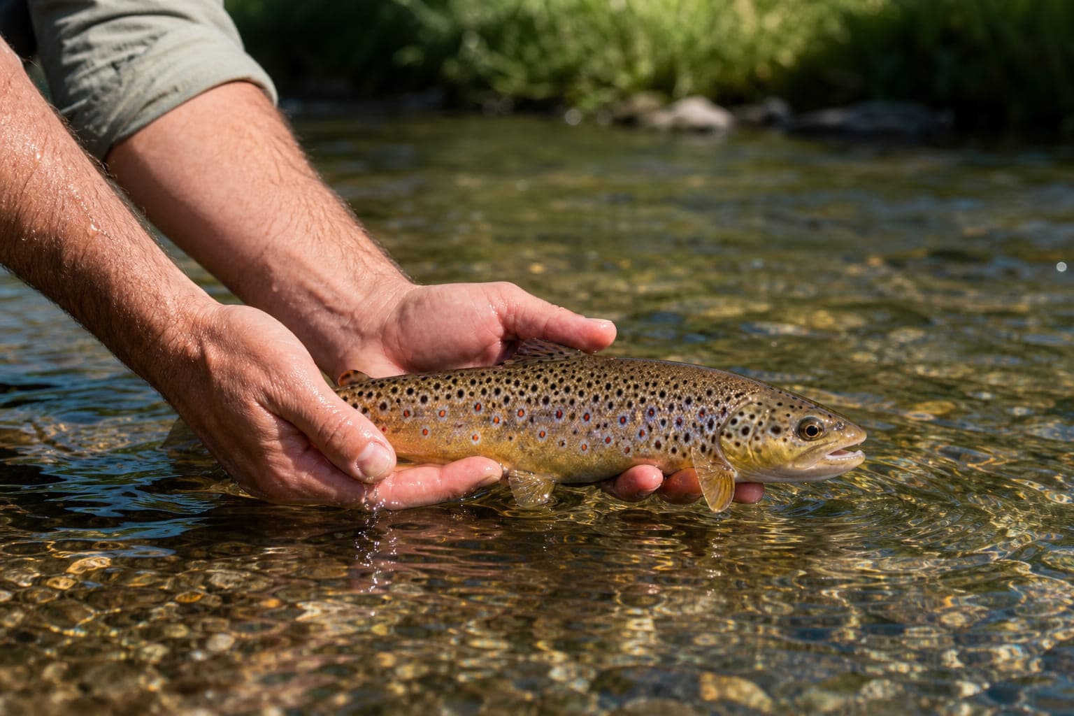 Eine Bachforelle mit schwarz und rot getupften Flanken wird im fließenden Wasser gehalten, bevor sie abschwimmt.
