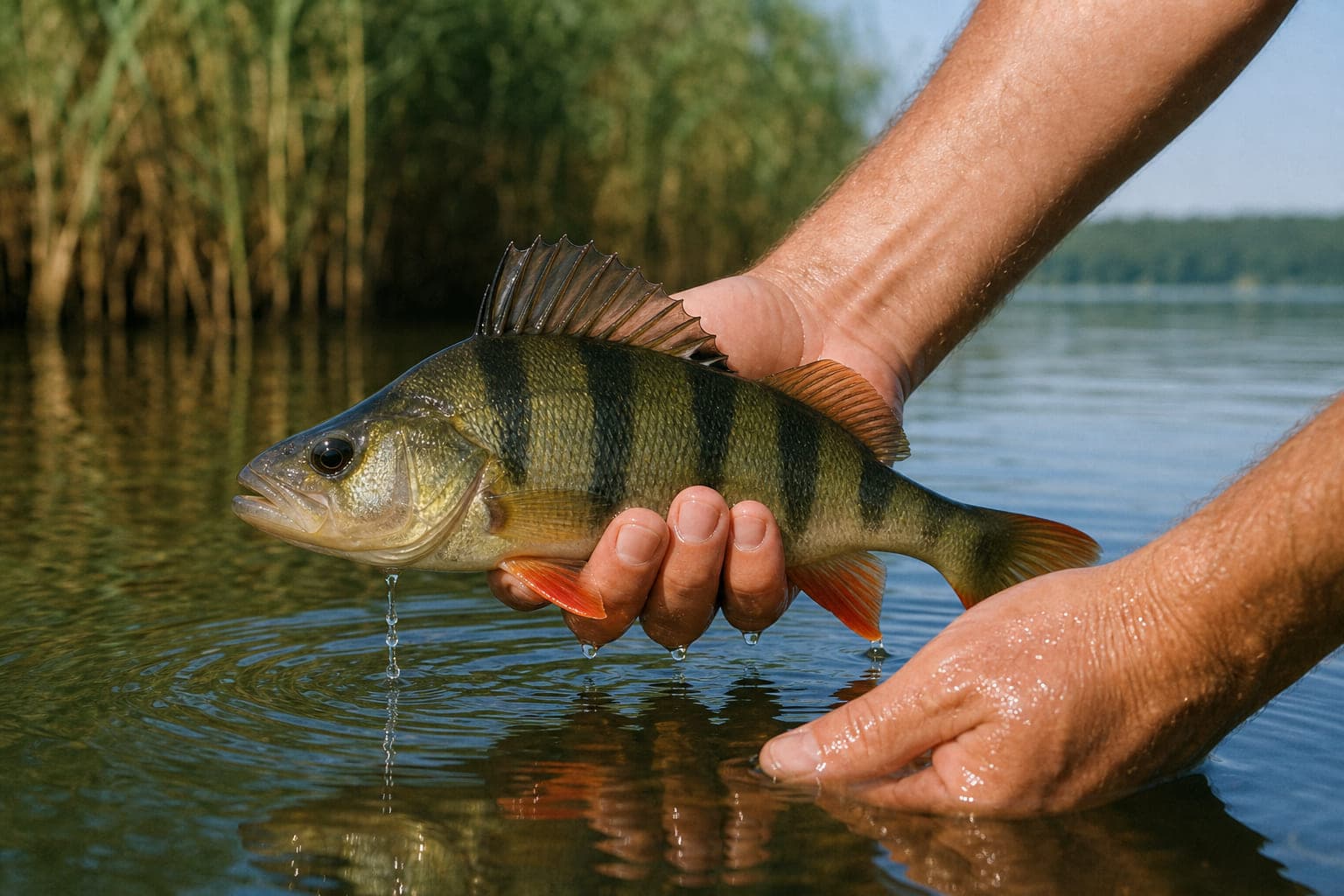 Ein Flussbarsch mit dunklen Querstreifen und orangeroten Bauchflossen in einer nassen Hand über dem Wasser.