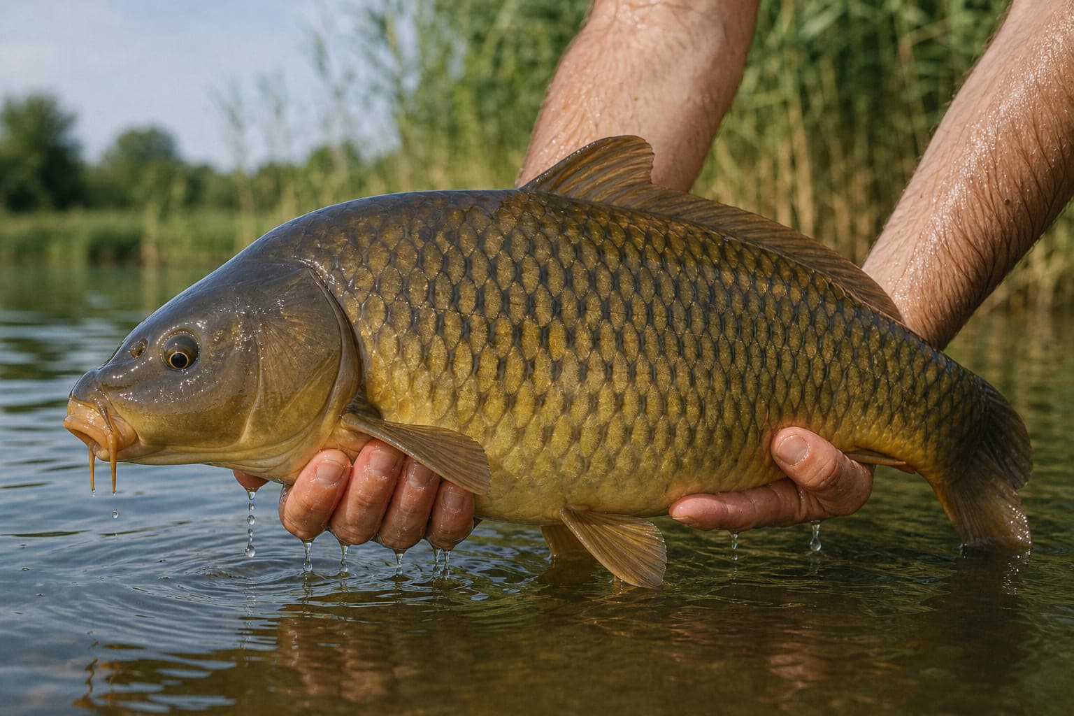 Ein bronzefarbener Karpfen wird mit beiden nassen Händen dicht über dem Wasser gehalten.