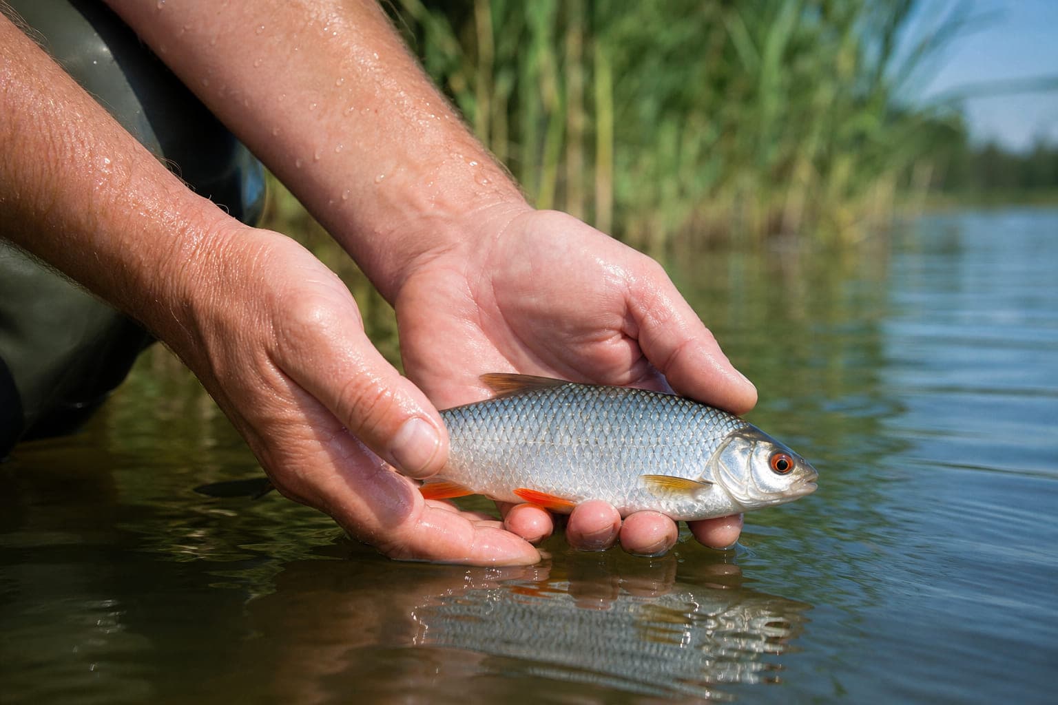 Ein silbriges Rotauge mit rotoranger Iris wird dicht über der Wasseroberfläche gehalten.