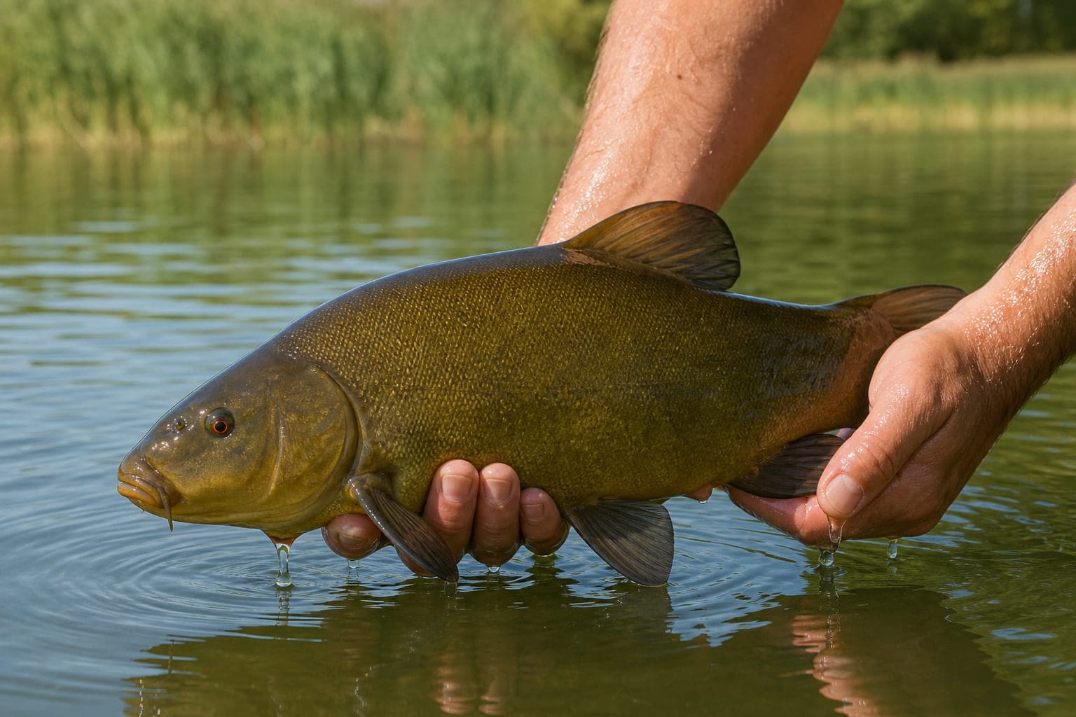 Eine dunkel olivgrüne Schleie mit goldenem Schimmer wird über dem Wasser gehalten.