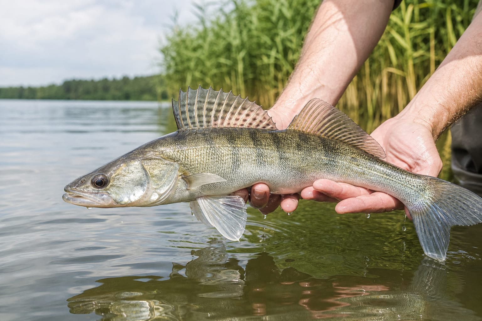 Ein Zander mit silbriggrauen Flanken und großen Augen wird waagerecht über dem Wasser gehalten.