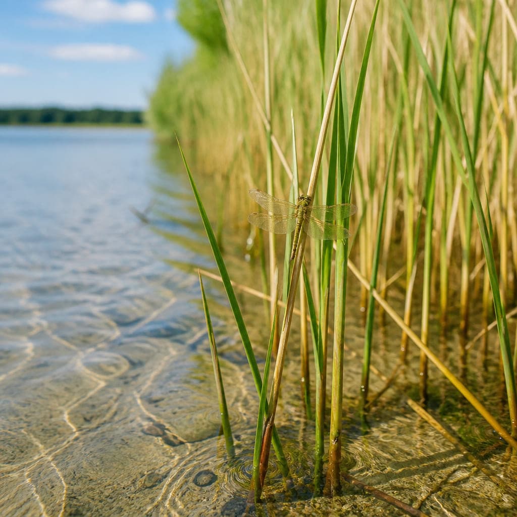 Nahaufnahme der Schilfkante: grüne und goldene Halme im flachen, klaren Wasser, der Sandgrund ist zu sehen.