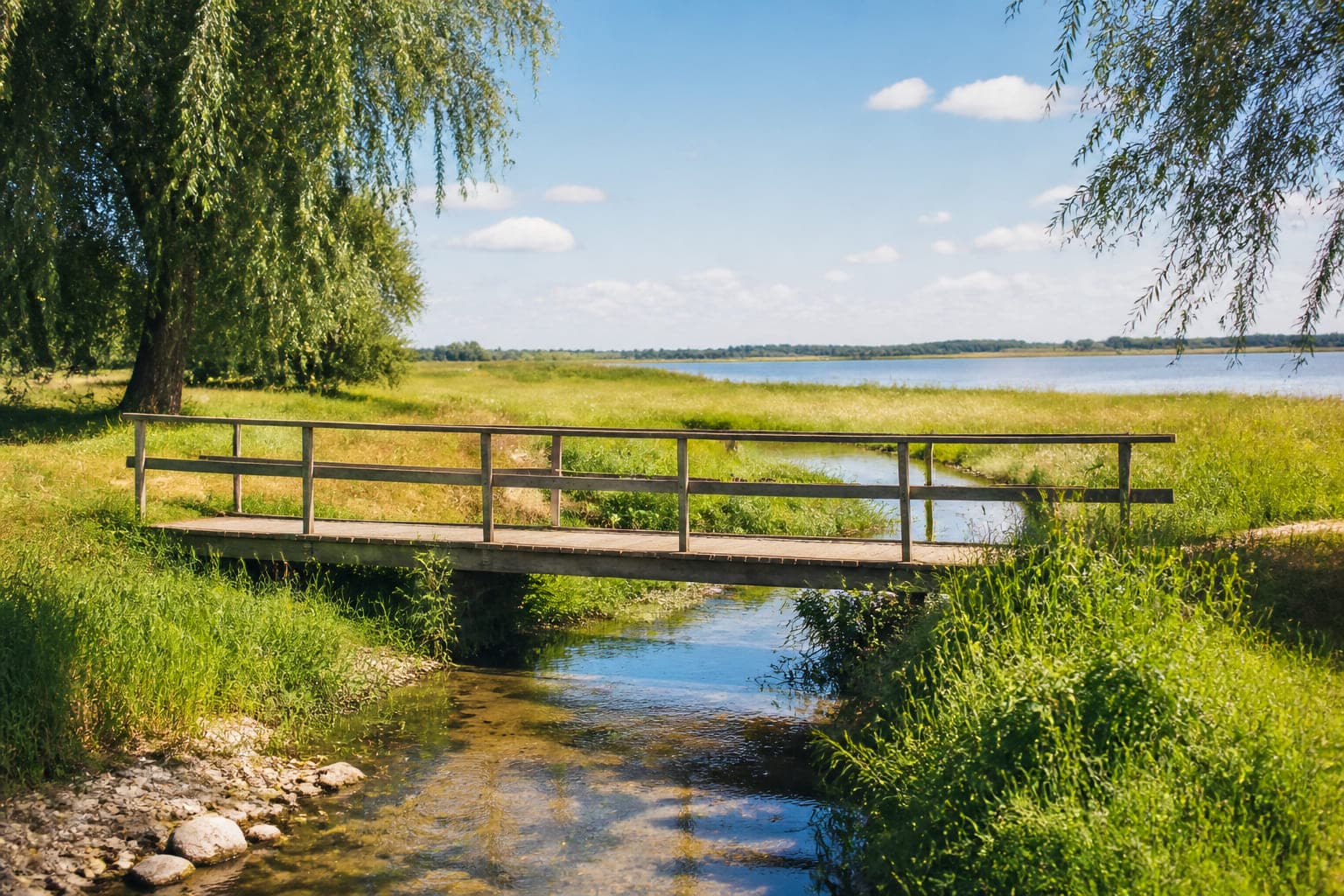 Kleine hölzerne Fußgängerbrücke über den klaren Wiesengraben, ringsum sonnige Sommerwiese.