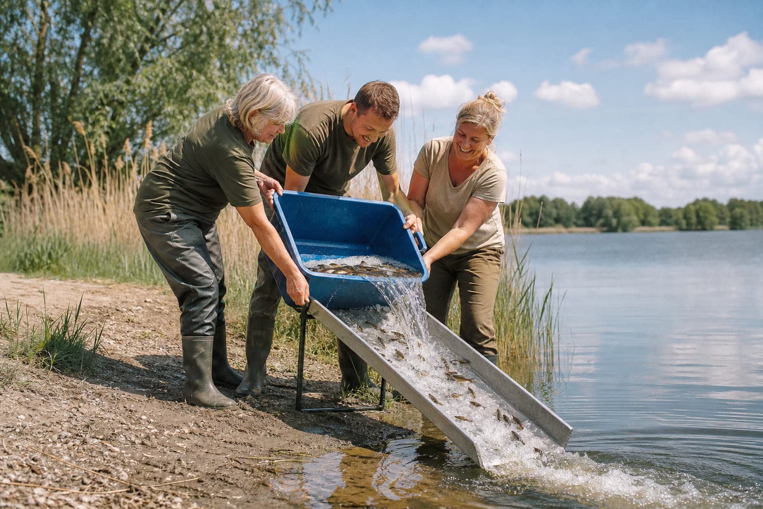 Drei Erwachsene lassen aus einer blauen Transportwanne Jungfische ins Wasser gleiten und lachen dabei.