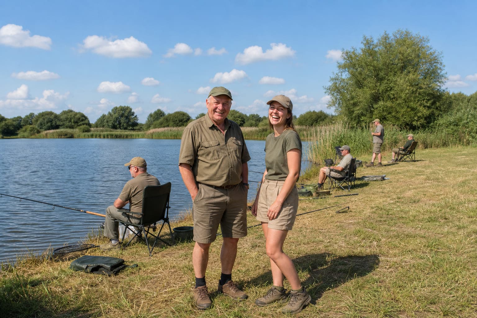 Gemeinschaftsangeln am sonnigen Seeufer: mehrere Erwachsene mit Ruten auf der Uferwiese, zwei davon im Vordergrund im Gespräch.