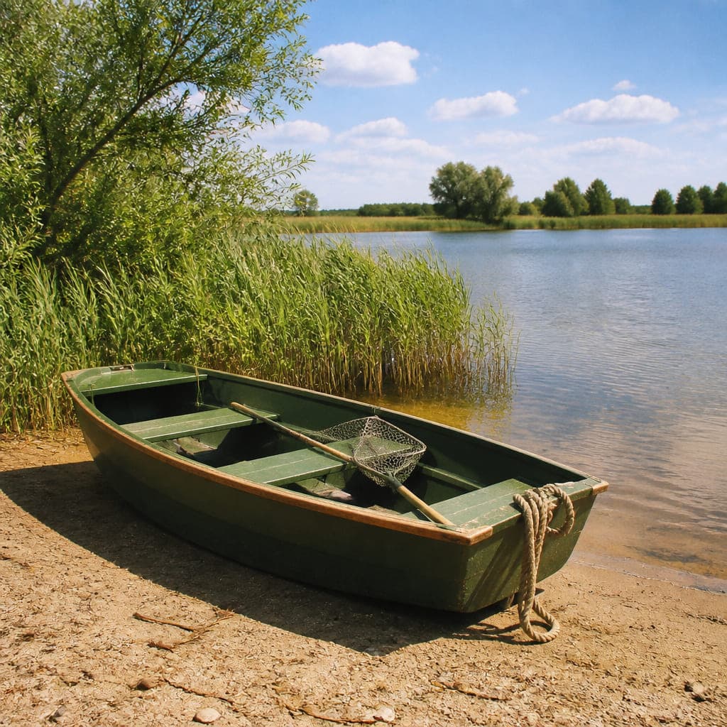 Grünes Ruderboot am Sandufer, quer darüber ein Kescher mit langem Stiel, dahinter Schilf und offenes Wasser.