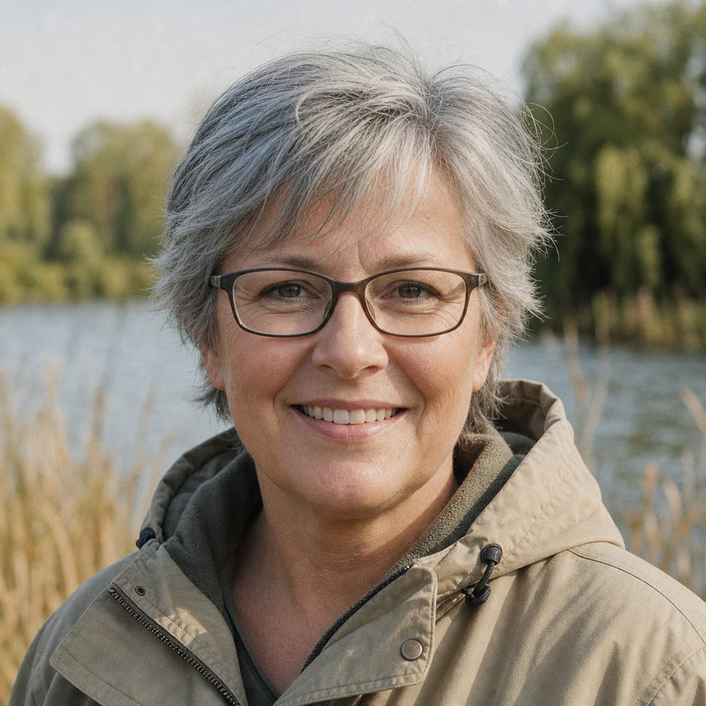 Porträt einer Frau um die fünfzig mit kurzem grauem Haar und Brille.