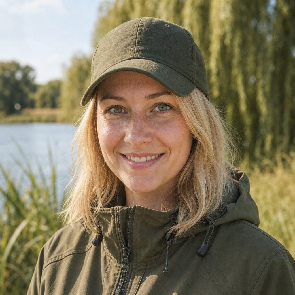 Porträt einer Frau Ende zwanzig mit blondem Haar unter einer Kappe.
