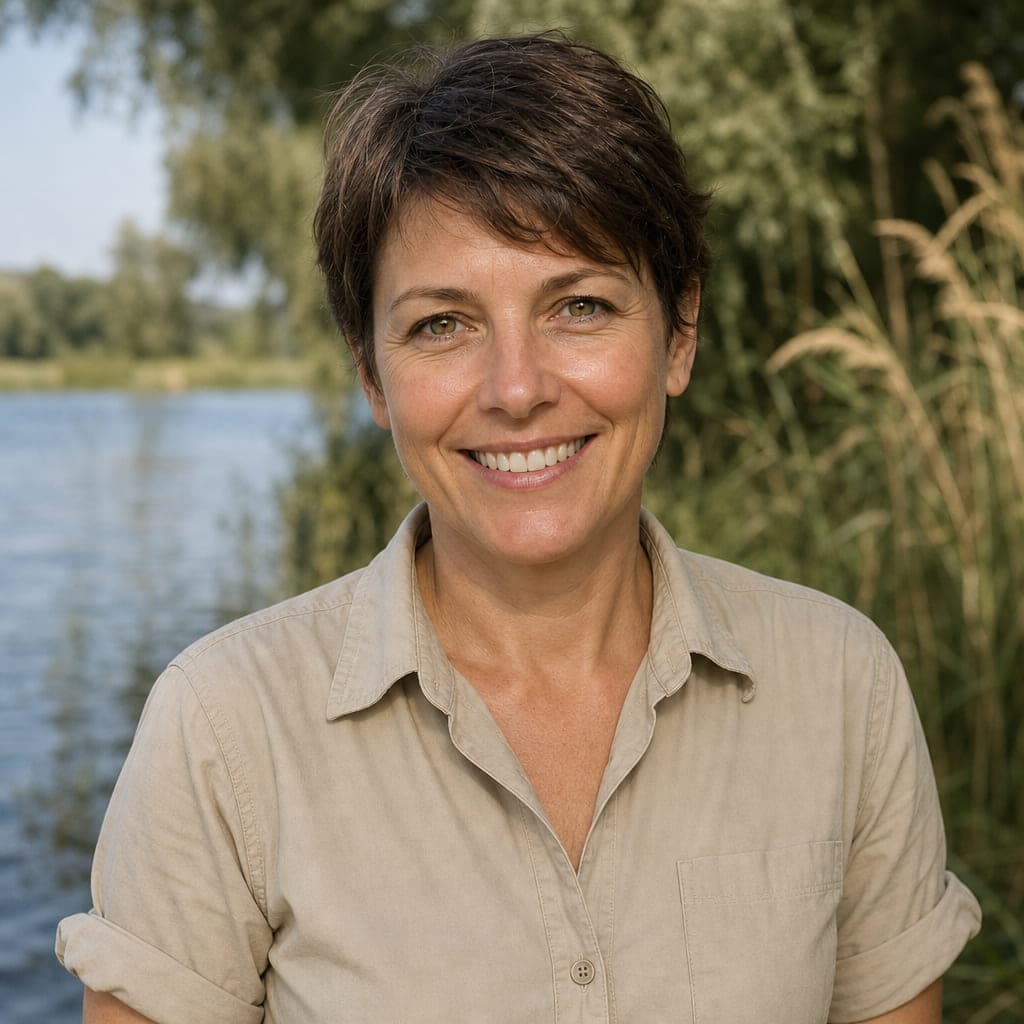 Porträt einer Frau Anfang vierzig mit kurzem braunem Haar.