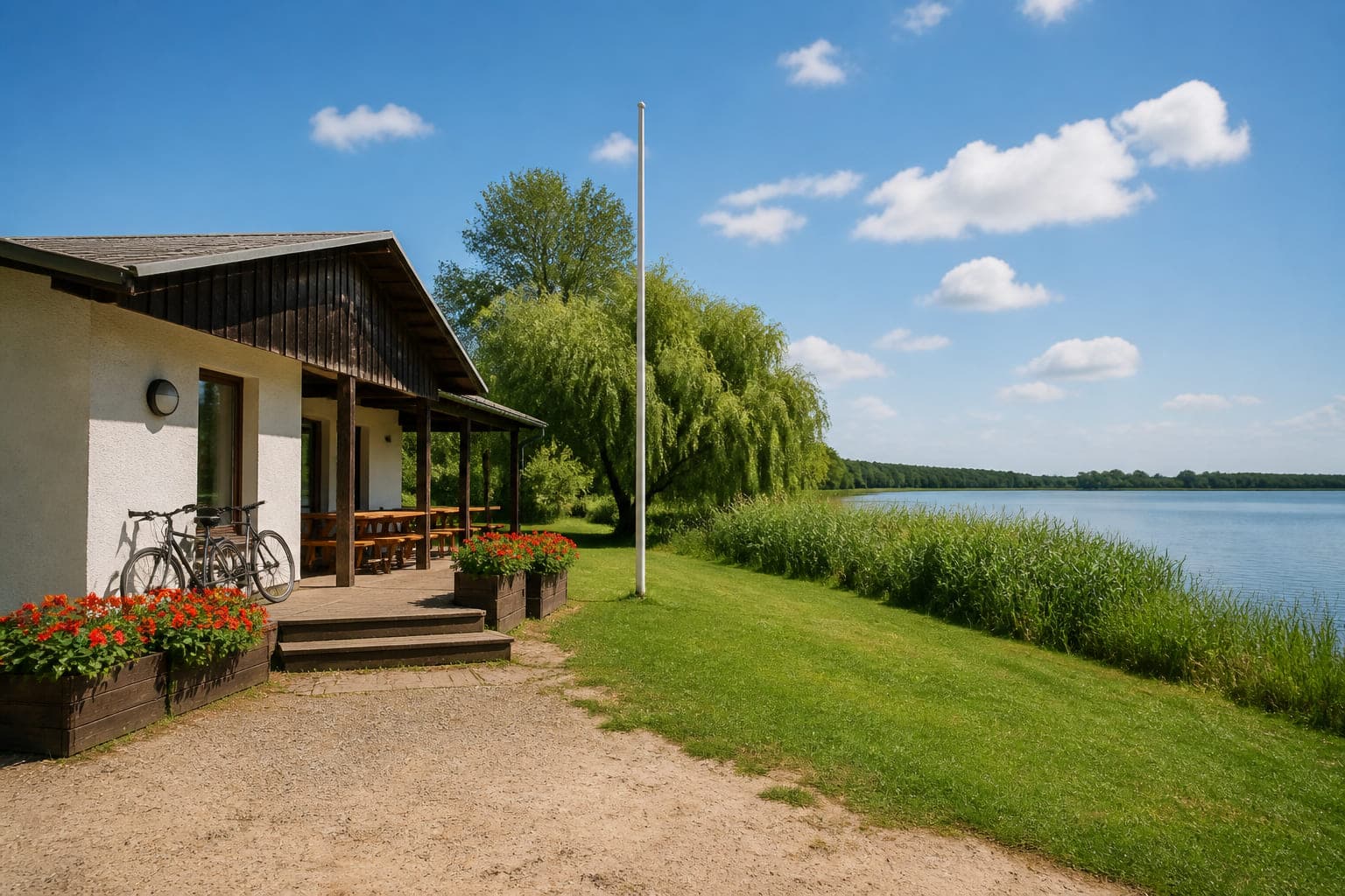 Das Vereinsheim am Seeufer: ein flacher Bau mit heller Fassade, überdachter Terrasse, Holztischen und Blumenkästen.